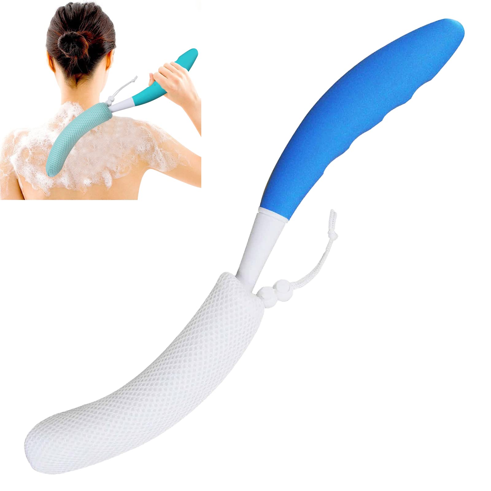 Shower Brush Body Skin Exfoliating Removable Bold Long Handle Back Washer Curved Back Scrub Brush Massage Bath Brush Extra Large Curved Handle European and American Hand-Shaped(Blue-White)